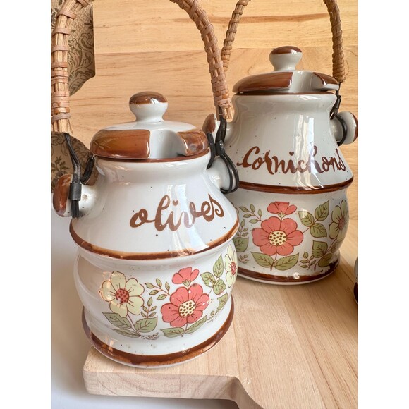 Vintage French condiments labeled pots with lids and rattan handles. - Picture 2 of 7